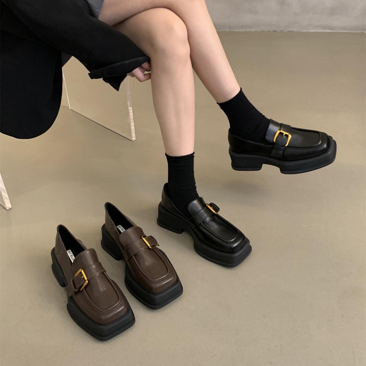 潮牌增高厚底乐福单鞋女2025春秋新款复古方头粗跟小皮鞋女英伦风