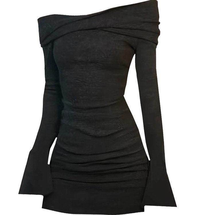 新品香港秋冬新款辣妹一字肩收腰长袖连衣裙女修身显瘦露肩包臀裙