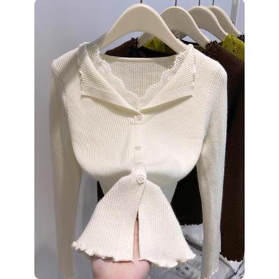 专柜法式蕾丝拼接V领长袖针织衫女2025秋冬修身木耳边打底衫上衣