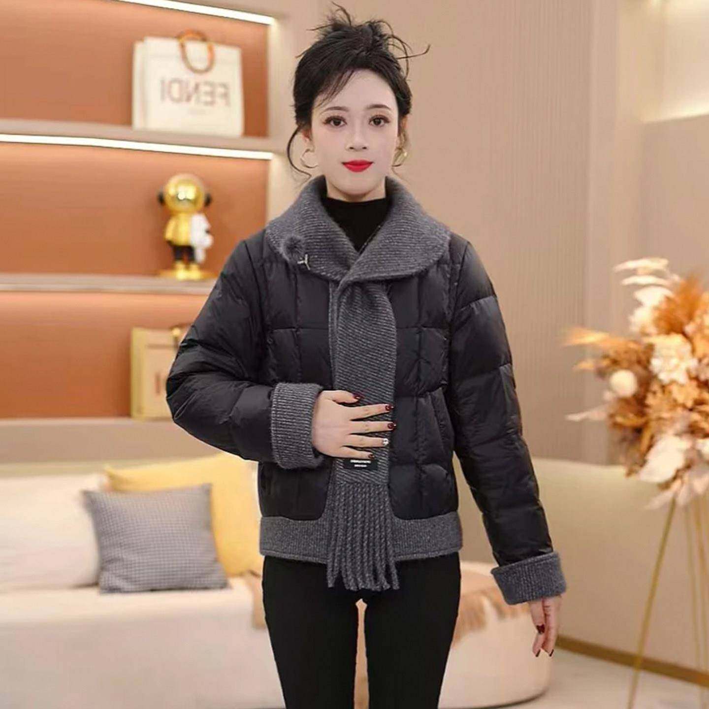 香港代购时尚围巾羽绒棉服女冬季新款洋气显瘦拼接保暖棉袄外套潮