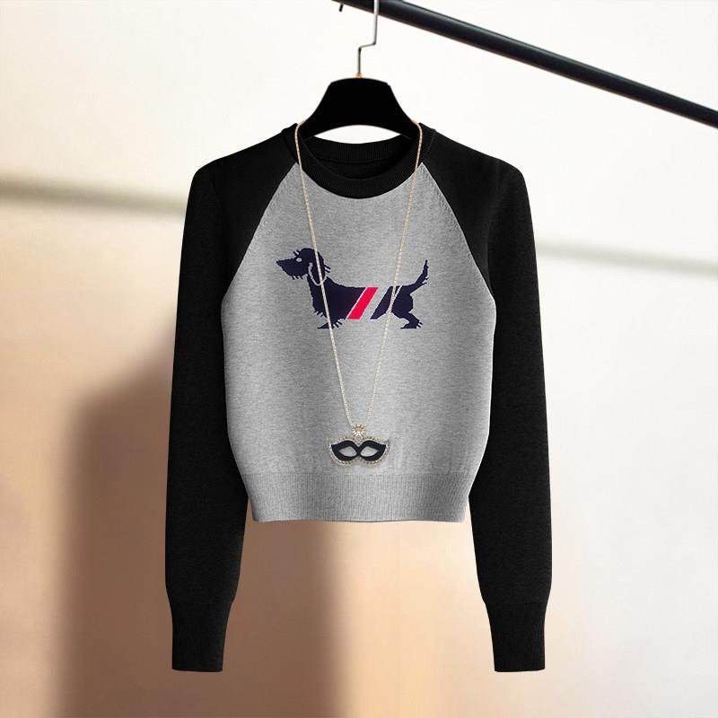 潮牌刺绣小狗套头毛衣女2025春秋冬季拼色打底保暖内搭上衣针织衫