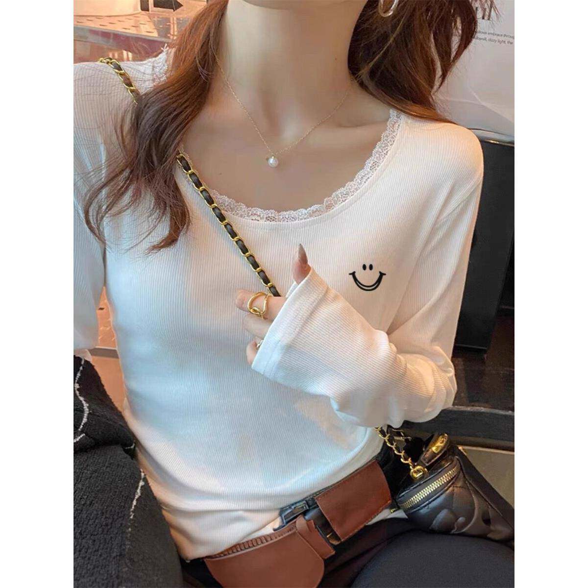 韩国小众设计感长袖t恤女领口蕾丝拼接休闲百搭打底衫内搭春秋季