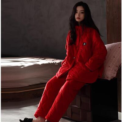 高档轻奢女士三层夹棉睡衣冬季红色本命年家居服加绒加厚套装新款