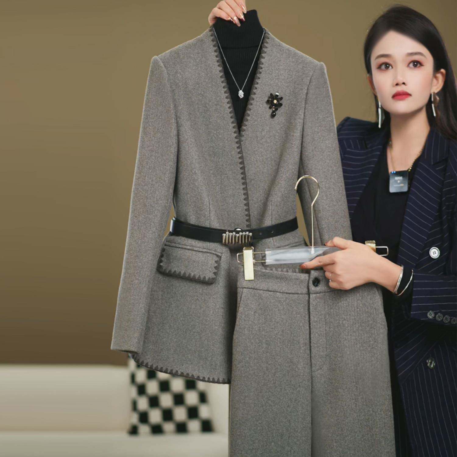 高档轻奢优雅风灰色西装外套女秋冬爆款职场气质收腰显瘦西服套装