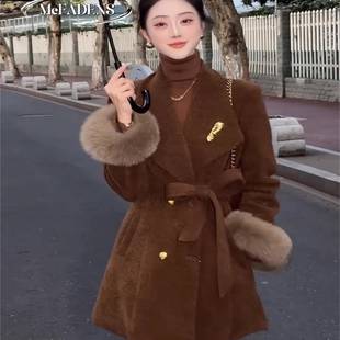 香港冬季新款小香风羊绒尼外套女高级感咖色羽绒棉内胆中长款大衣