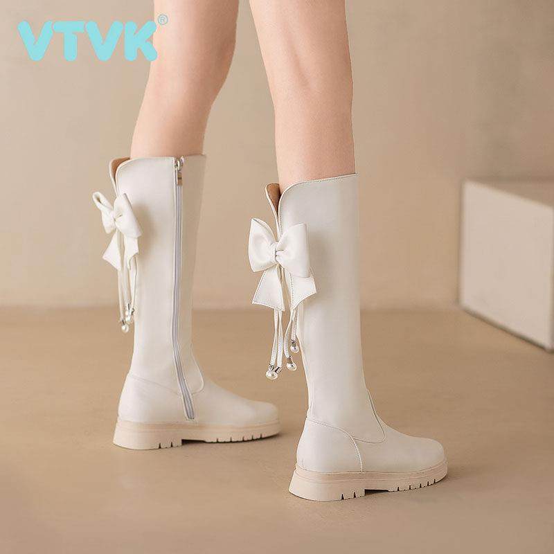 VTVK女童白色平底蝴蝶结公主鞋2025秋冬新款加绒冬靴儿童长筒靴子