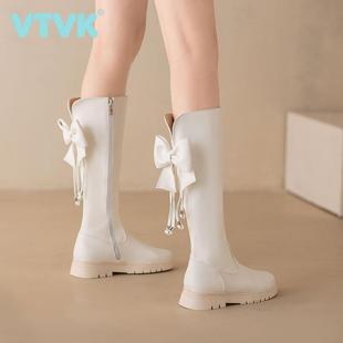 VTVK女童白色平底蝴蝶结公主鞋2025秋冬新款加绒冬靴儿童长筒靴子