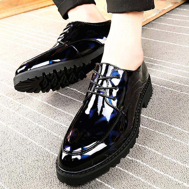 高端漆皮亮面皮鞋男秋冬季软底英伦商务休闲正装内增高加绒小皮鞋