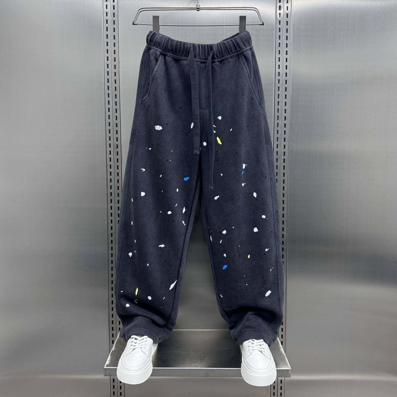 MAROLIO~时尚设计感！个性泼墨涂鸦运动裤男秋冬宽松垂感加绒卫裤,男装,秀禾服,淘宝优惠券,粉丝福利购,淘宝优惠卷