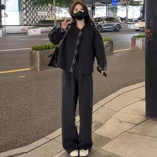 香港代购休闲羽绒棉服套装女冬季时髦内胆毛呢外套阔腿裤两件套装