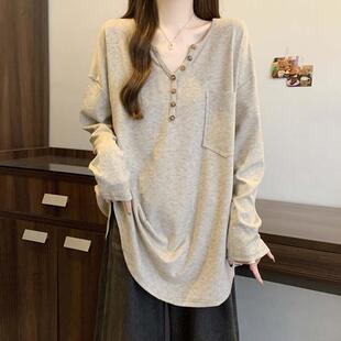 大版宽松V领长袖T恤打底衫女秋冬季2024大码胖mm中长款遮屁股上衣