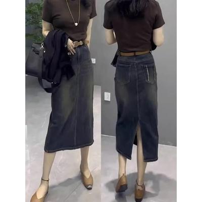 香港a字牛仔半身裙春秋女高腰梨形身材大码遮肚子开叉显瘦包臀裙