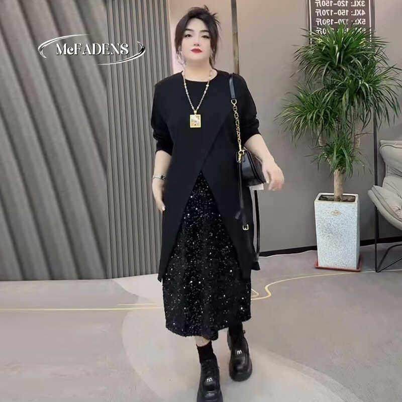 香港大码胖MM开叉设计上衣亮片半身裙显瘦遮肉秋季新款气质两件套,女装/女士精品,大码套装,淘宝优惠券,粉丝福利购,淘宝优惠卷