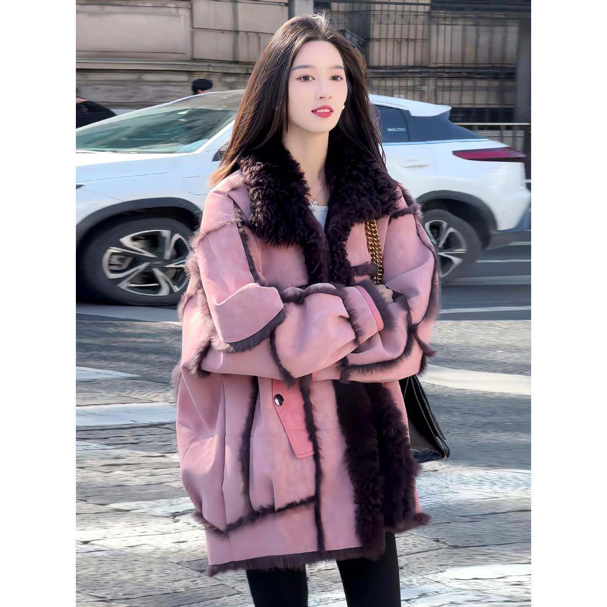 香港皮毛一体拼接百搭中长款毛呢外套女冬高级感加绒加厚保暖大衣