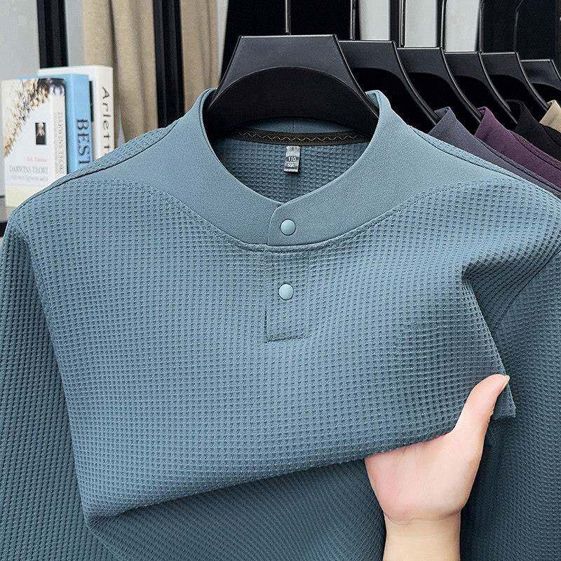 长袖t恤男士2025新款显白经典亨利领上衣按扣圆领华夫格打底衫潮
