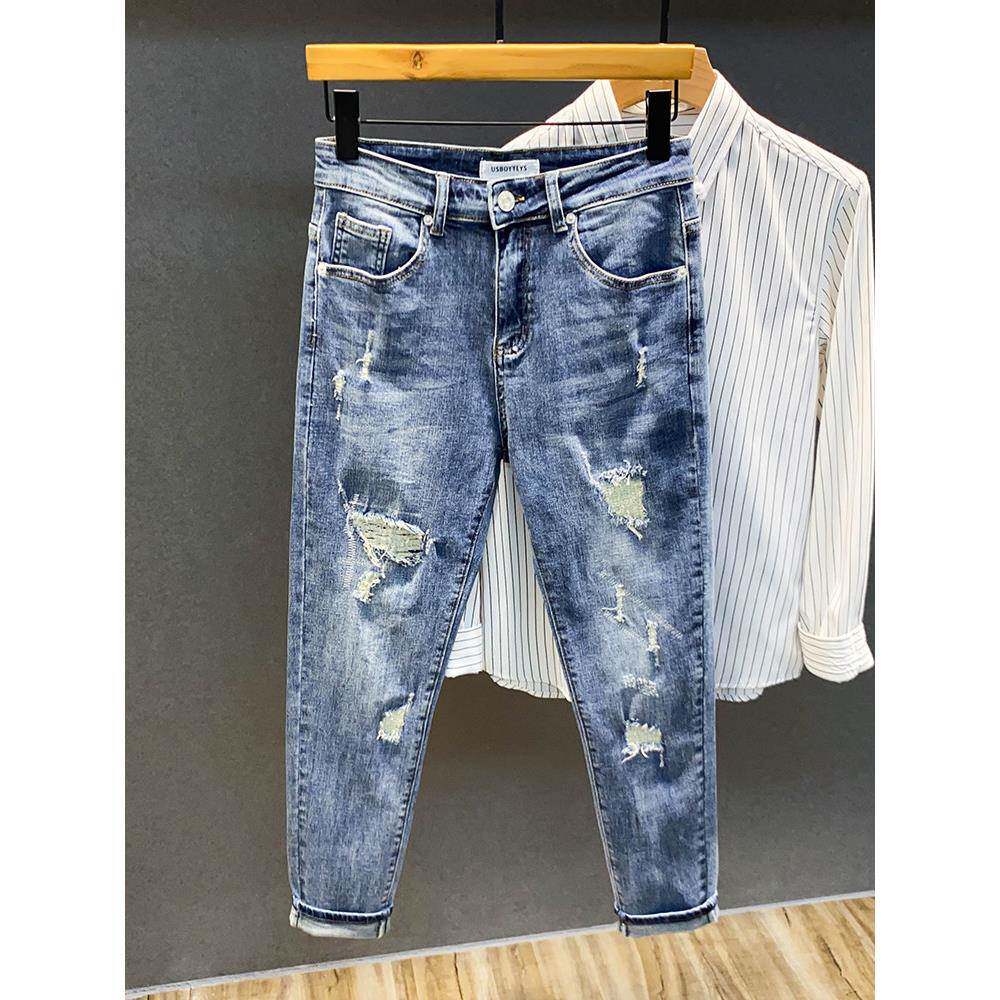 春秋水洗破洞补丁九分牛仔裤男潮牌个性乞丐修身小脚9分裤子韩版