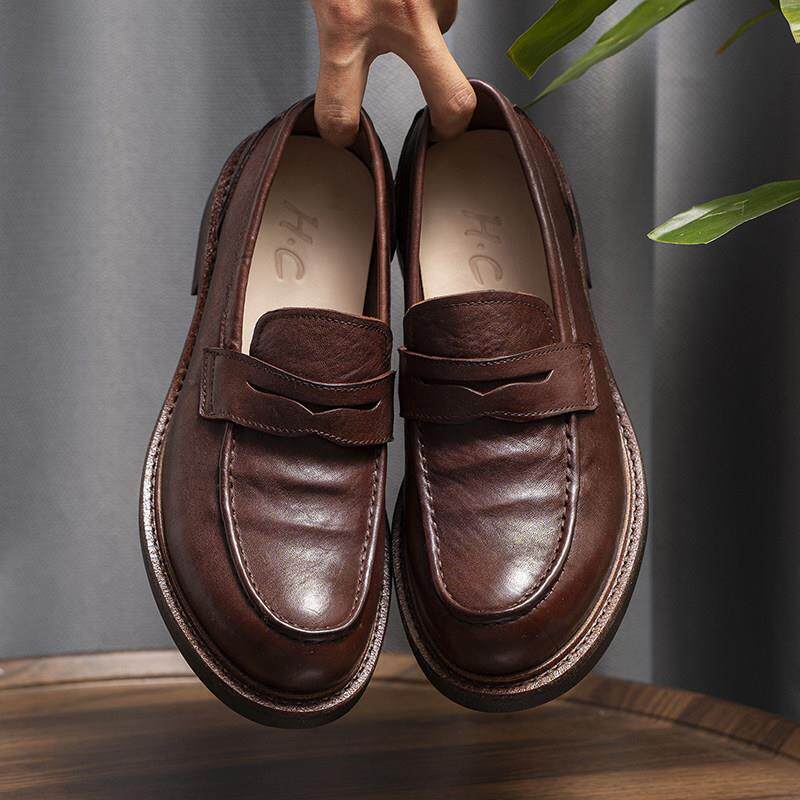 秋季新款手工水洗马皮乐福真皮大底增高3cm布莱克工艺休闲皮鞋男