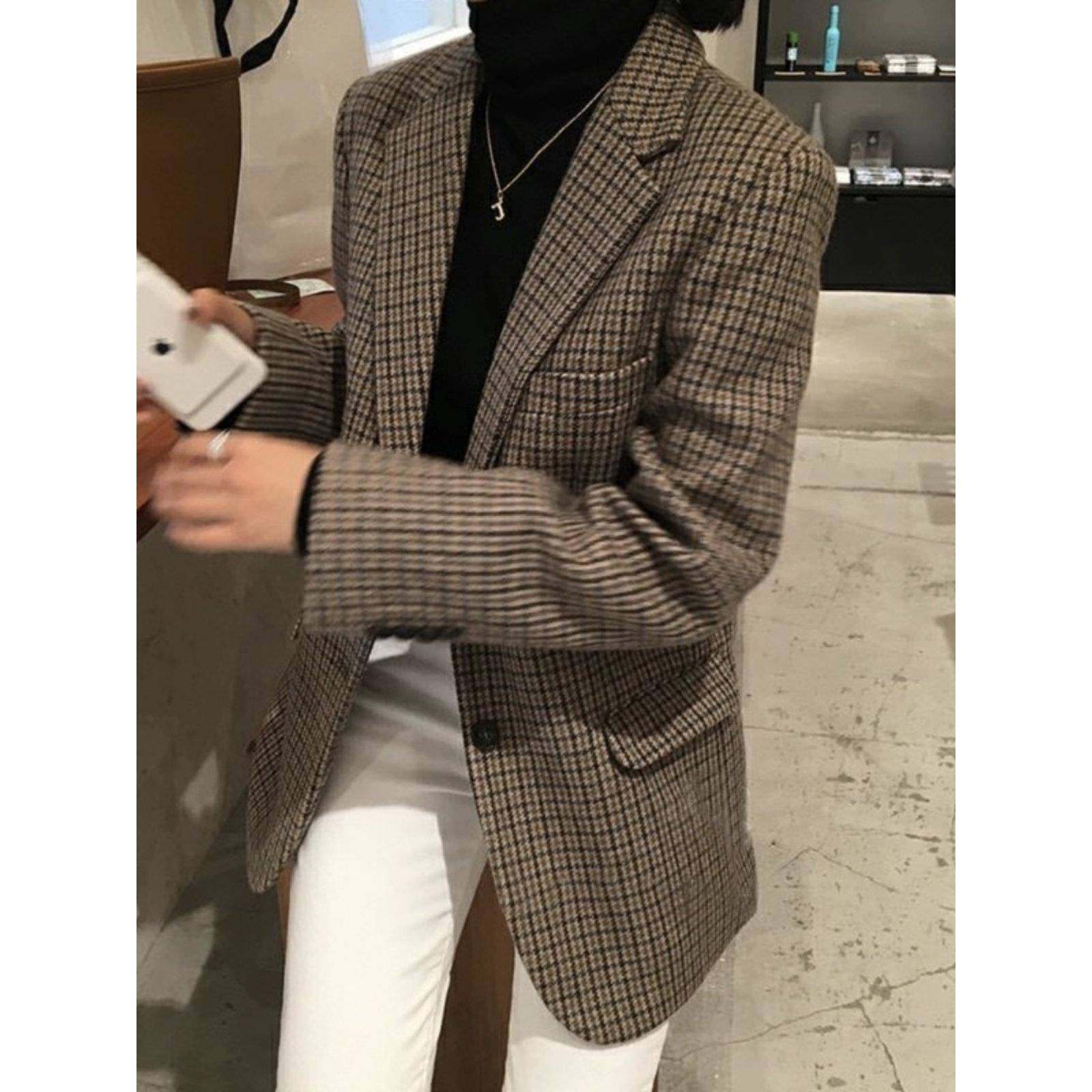 韩版英伦风格子小西装外套女春秋新款覆古羊毛呢千鸟格小西服上衣