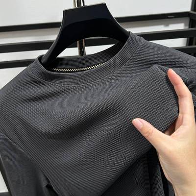高端时尚华夫格卫衣男百搭纯色打底衫春秋季休闲长袖T恤圆领内搭