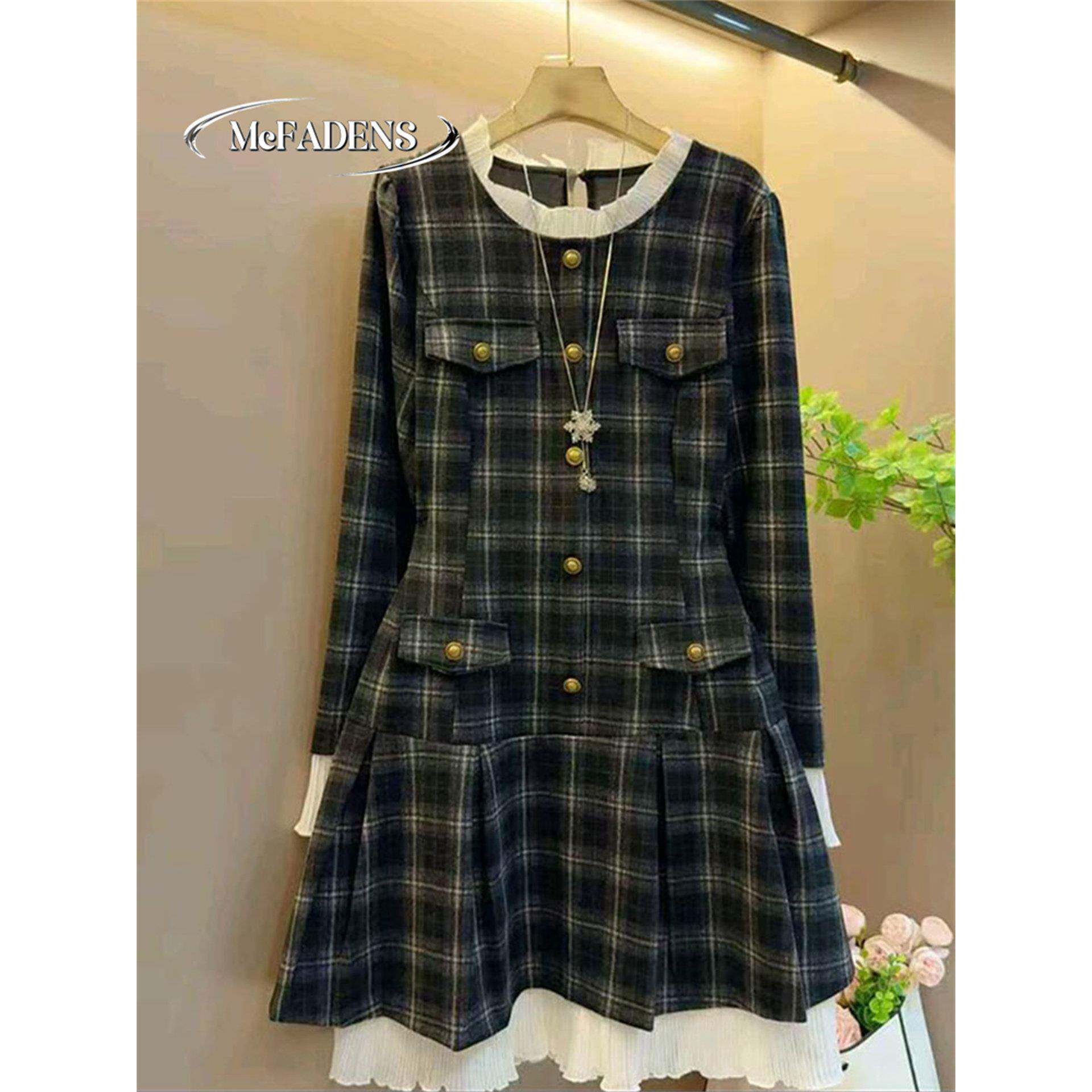 香港覆古拼接格子蕾丝花边裙胖MM大码女装气质轻奢港风收腰连衣裙