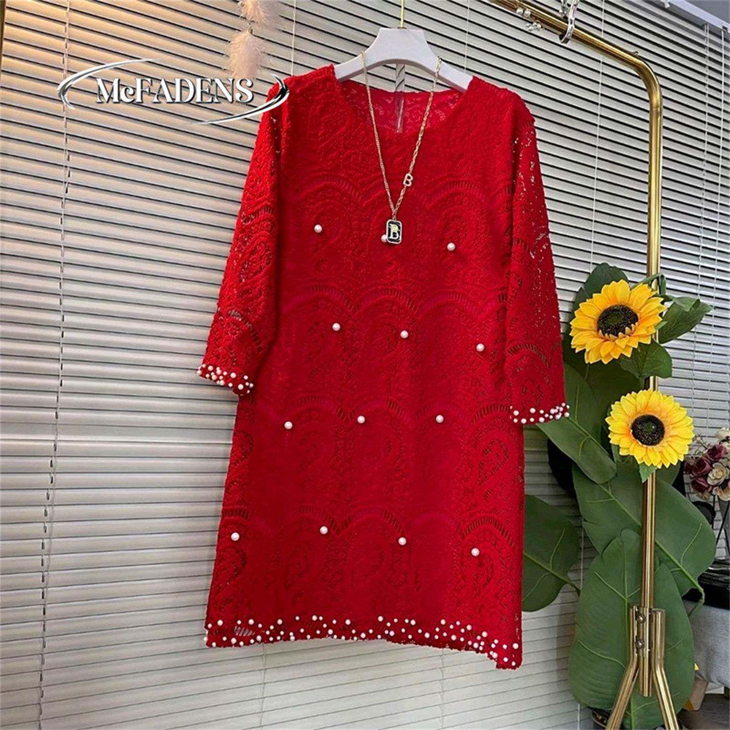 香港胖MM显瘦中长款裙子早春新款宽松大码女装重工钉珠蕾丝连衣裙