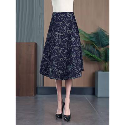 时尚蓝花半身裙女2025新款高腰显瘦a字裙小个子中长裙遮胯休闲裙