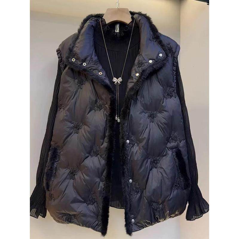 香港胖mm时尚百搭小众设计款立领外套大码高级感国风刺绣棉马甲女