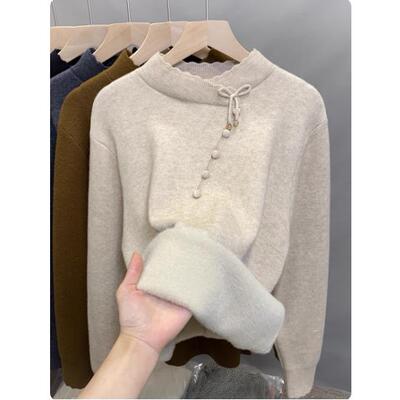 专柜半高领一体绒毛衣女打底衫2025秋冬季加绒加厚针织衫内搭上衣