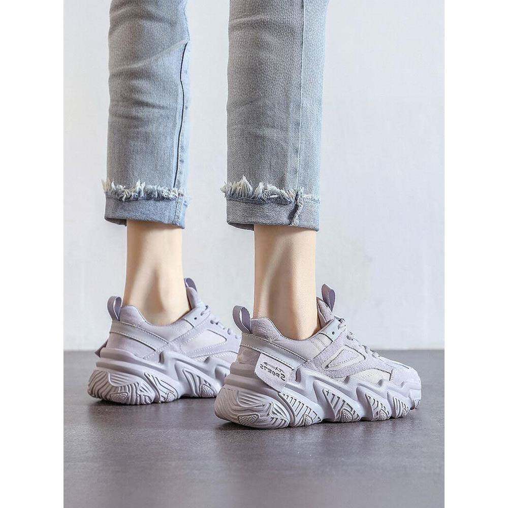 港风轻奢新款~厚底增高老爹鞋女秋冬季真皮小个子百搭运动休闲鞋