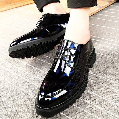 高端漆皮亮面皮鞋男秋冬季软底英伦商务休闲正装内增高加绒小皮鞋