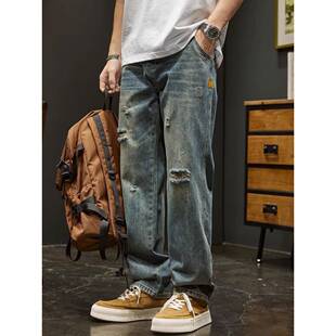 neith 直筒裤 BIAS破洞牛仔裤 美式 男春秋覆古做旧休闲长裤 潮牌it