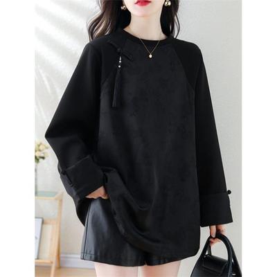 覆古拼接提花长袖t恤女2025春秋新款欧洲站宽松遮肉大码宽松上衣