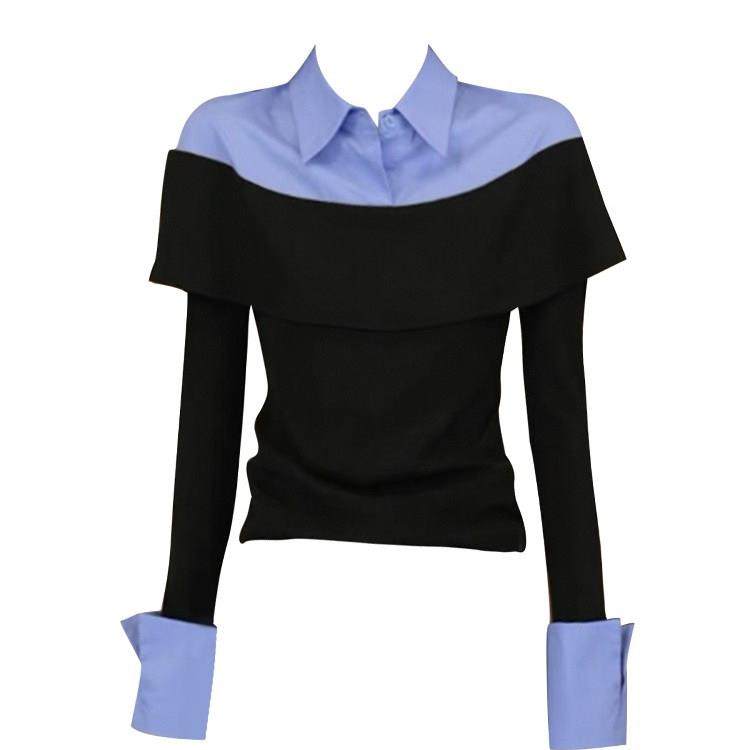 新品香港秋季法式假两件撞色polo领长袖衬衫女设计感修身显瘦上衣