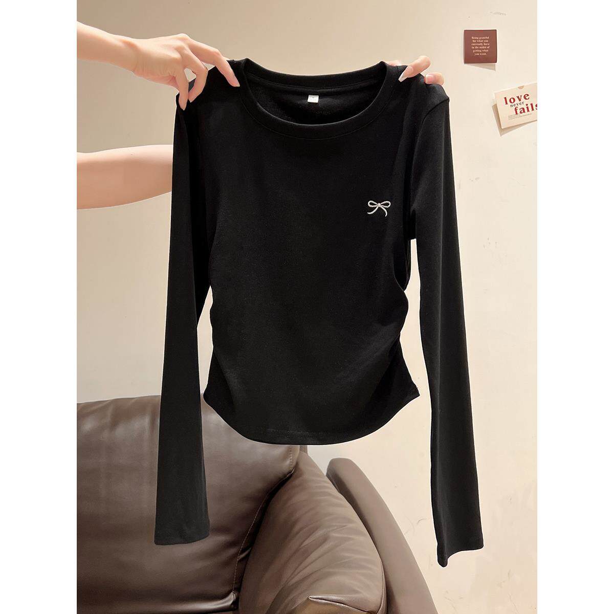 韩国秋冬黑色圆领刺绣长袖T恤女收腰磨毛加厚内搭加绒打底衫上衣