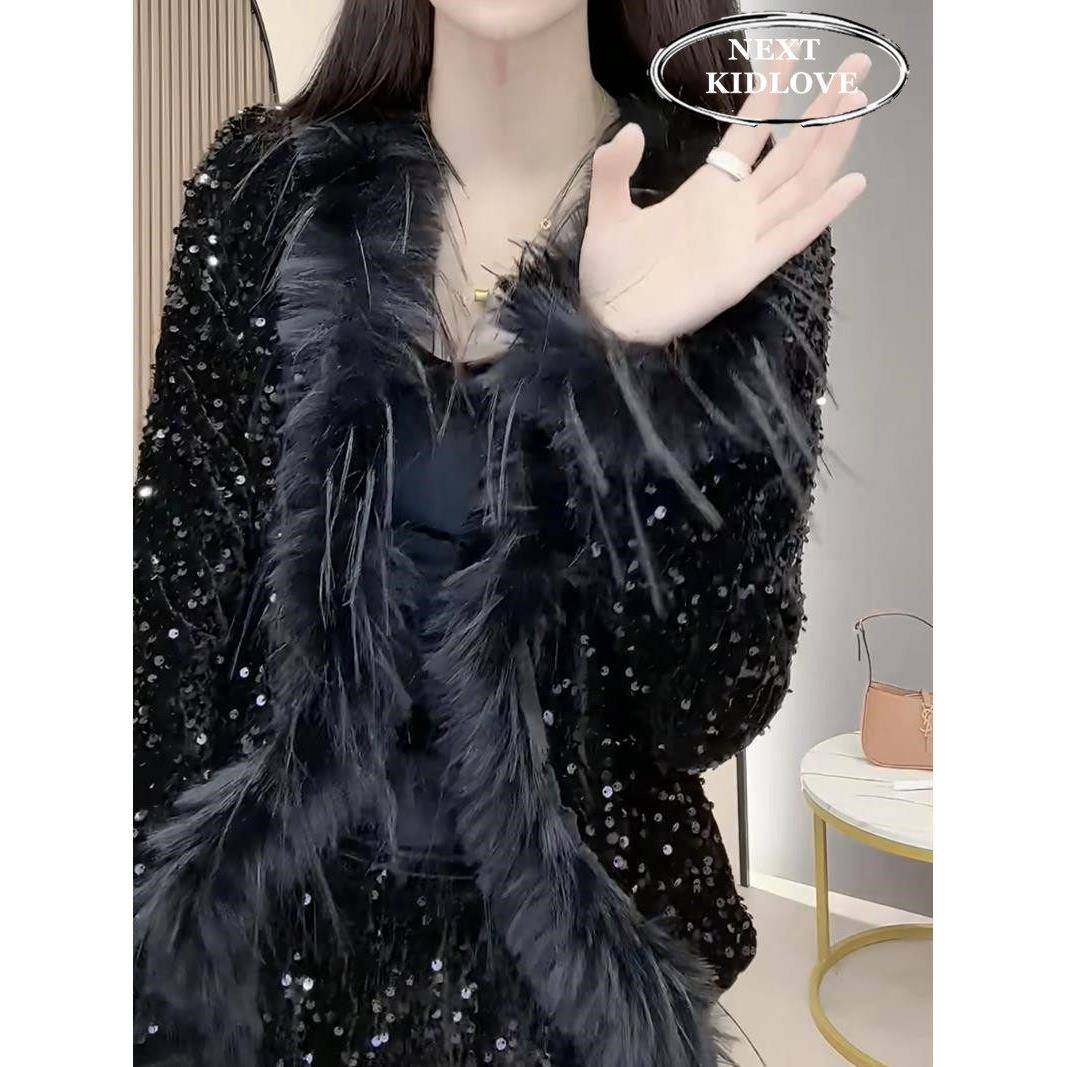 香港小香风毛领拼接亮片皮草外套女秋冬新款修身显瘦拼接短款上衣