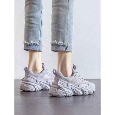 港风轻奢新款~厚底增高老爹鞋女秋冬季真皮小个子百搭运动休闲鞋