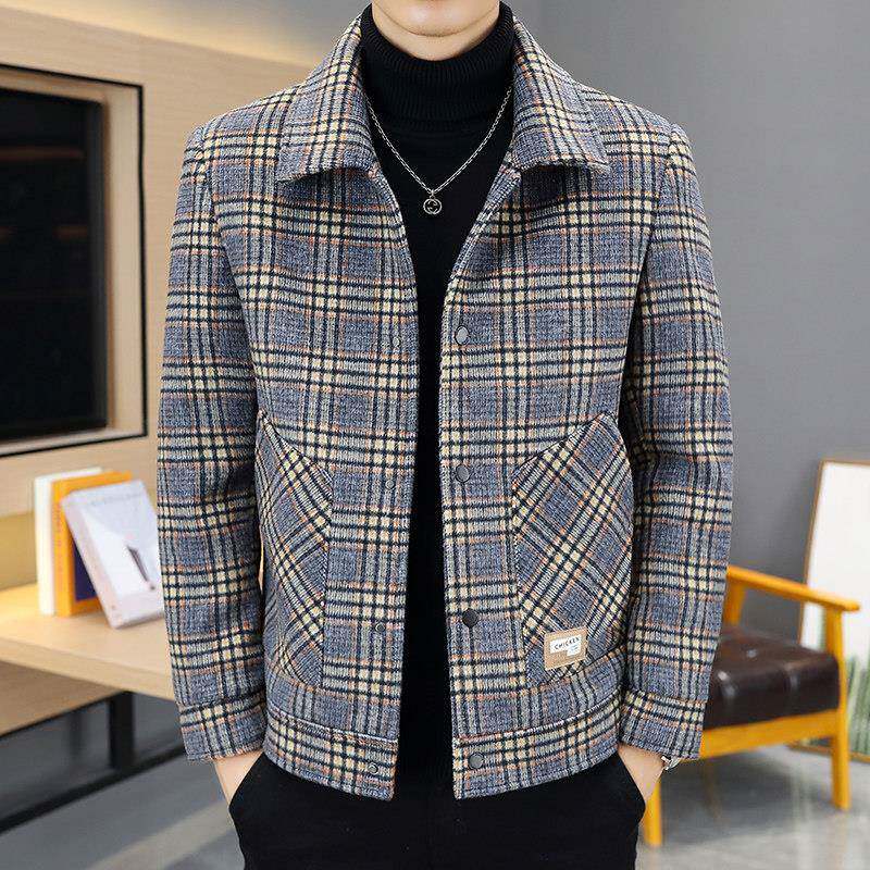 休闲夹克男修身秋冬季潮流短款翻领格子外套青年帅气加厚毛呢大衣