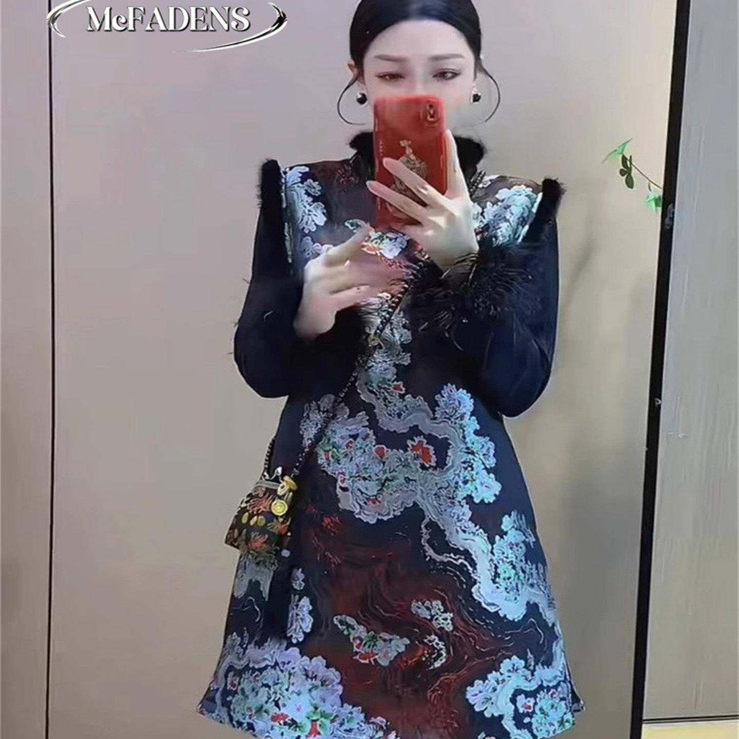 香港冬季新款国风加厚提花改良马甲裙打底衫新中式旗袍两件套裙女