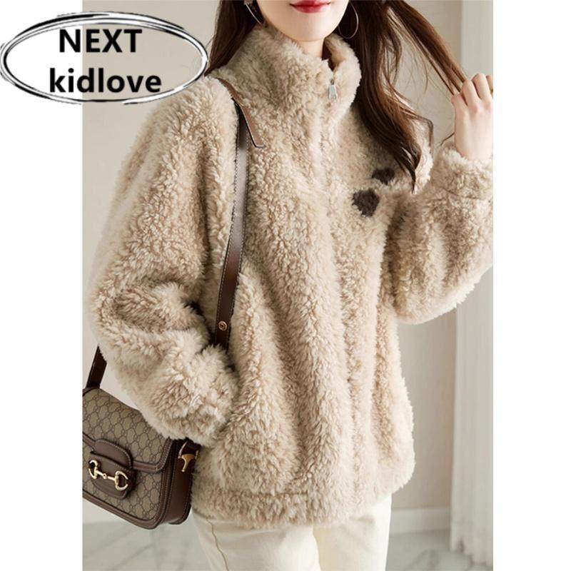 香港高级感皮毛一体羊羔毛外套女2024冬装休闲颗粒绒加厚保暖上衣