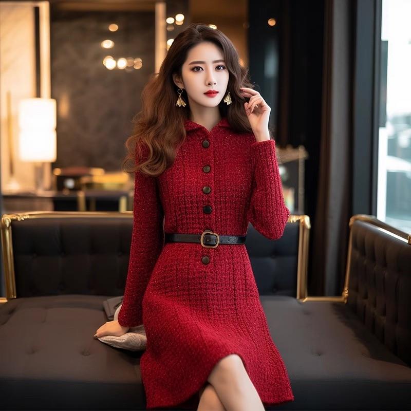 FAshi 绝美订婚裙子高级感正式场合名媛收腰红色针织连衣裙女秋冬
