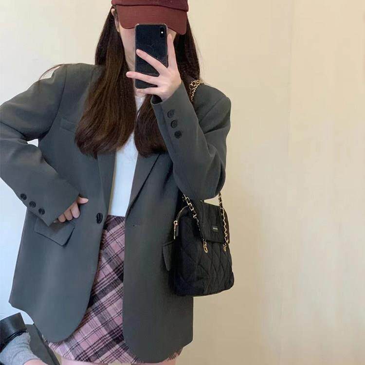 新品香港春秋新款高级设计感灰色西装外套女韩版显瘦气质休闲西服