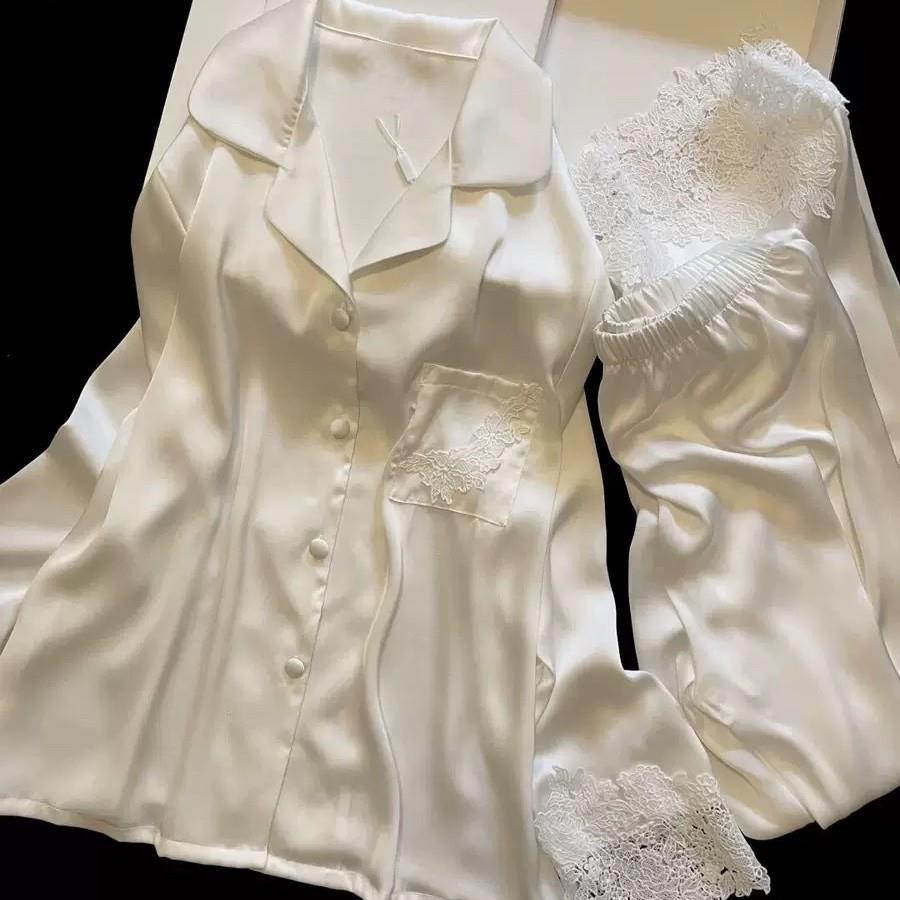 【曼妙月光】真丝高级睡衣女春秋新款蕾丝桑蚕丝家居服两件套套装