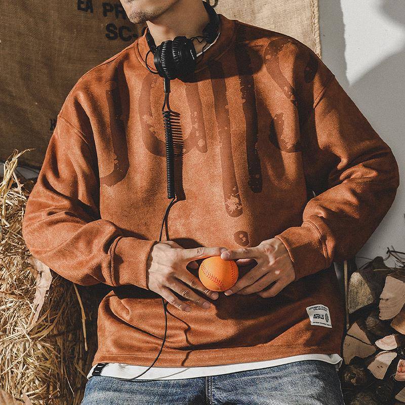 潮牌it neith BIAS美式复古圆领卫衣男春秋ins休闲麂皮绒外套港风