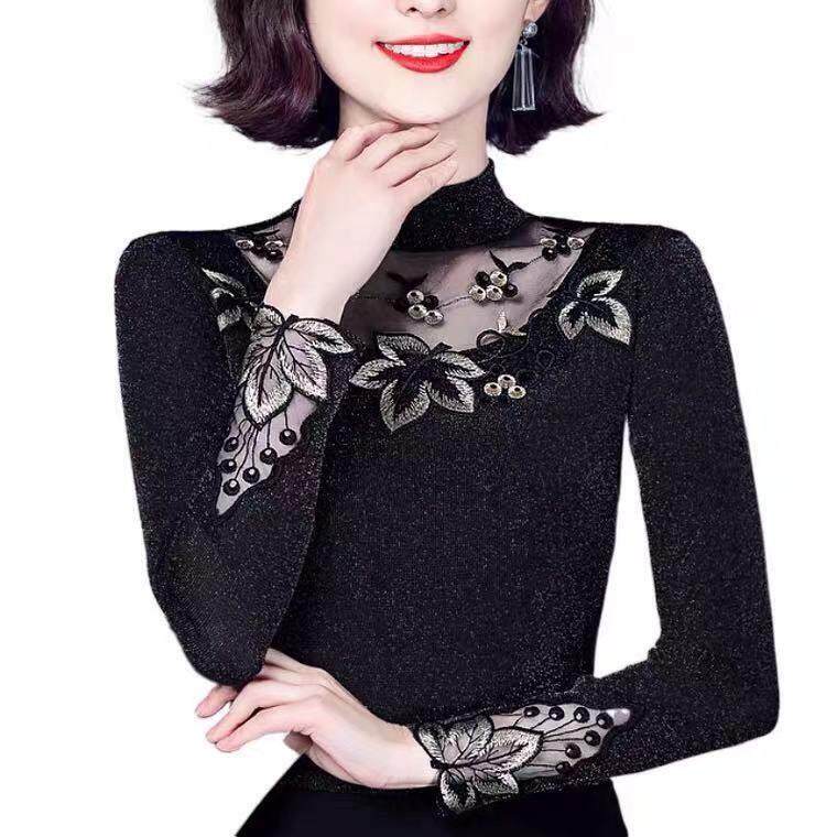 潮牌妈妈洋气半高领打底衫女长袖秋冬新款网纱女小衫保暖蕾丝上衣