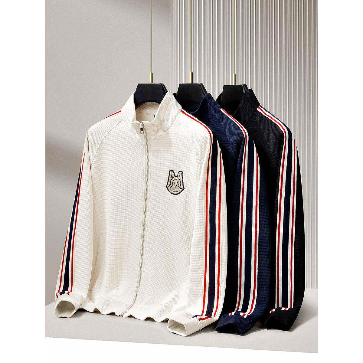 PALM CITY秋季轻奢华夫格提花两件套织带男卫衣开衫休闲运动套装