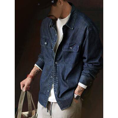 it neith BIAS潮牌竹节美式通勤长袖牛仔衬衫男秋季工装衬衣外套