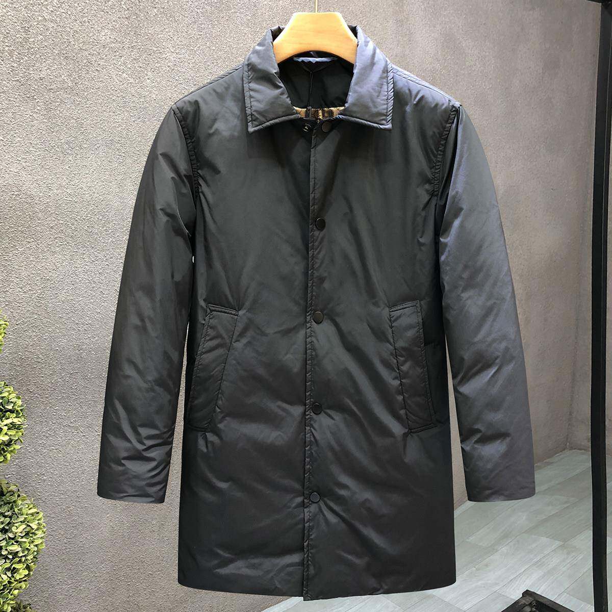 高端黑色羽绒服男中长款冬季新款男士简约休闲百搭翻领保暖风衣潮