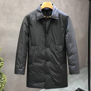 高端黑色羽绒服男中长款冬季新款男士简约休闲百搭翻领保暖风衣潮