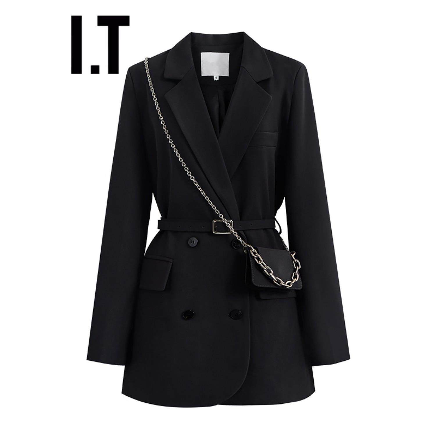 新品香港春秋新款英伦风黑色西装外套女高级感休闲收腰中长款西服
