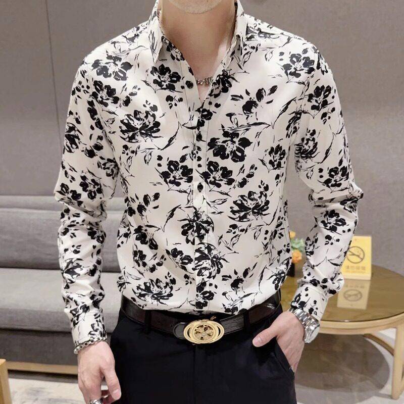 新款男士印花长袖衬衫薄高级感韩版修身潮流冰丝商务休闲短袖衬衣